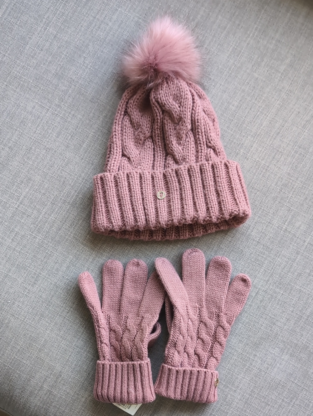 Lipsy Girls Pink Cable-Knit Pom Beanie and Gloves Set